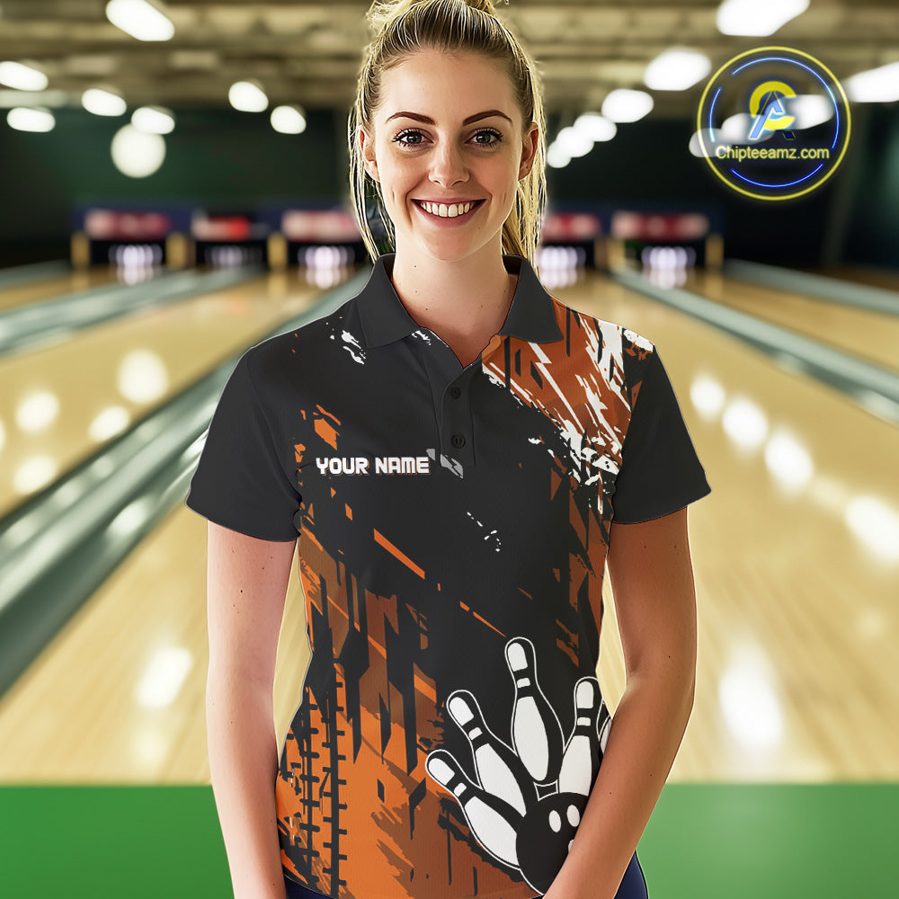 Black and Orange Women bowling shirts Custom retro bowling ball and pins bowling team league jerseys NQS10643