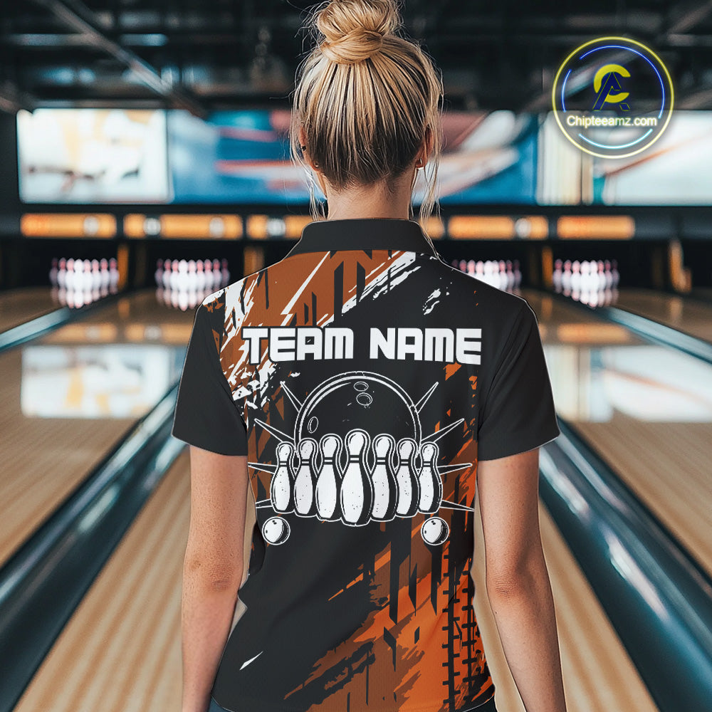 Black and Orange Women bowling shirts Custom retro bowling ball and pins bowling team league jerseys NQS10643