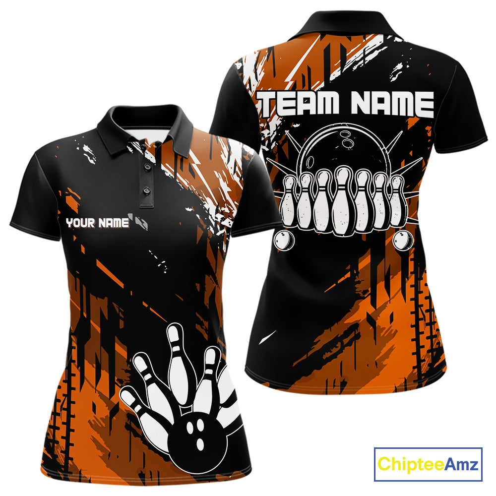Black and Orange Women bowling shirts Custom retro bowling ball and pins bowling team league jerseys NQS10643