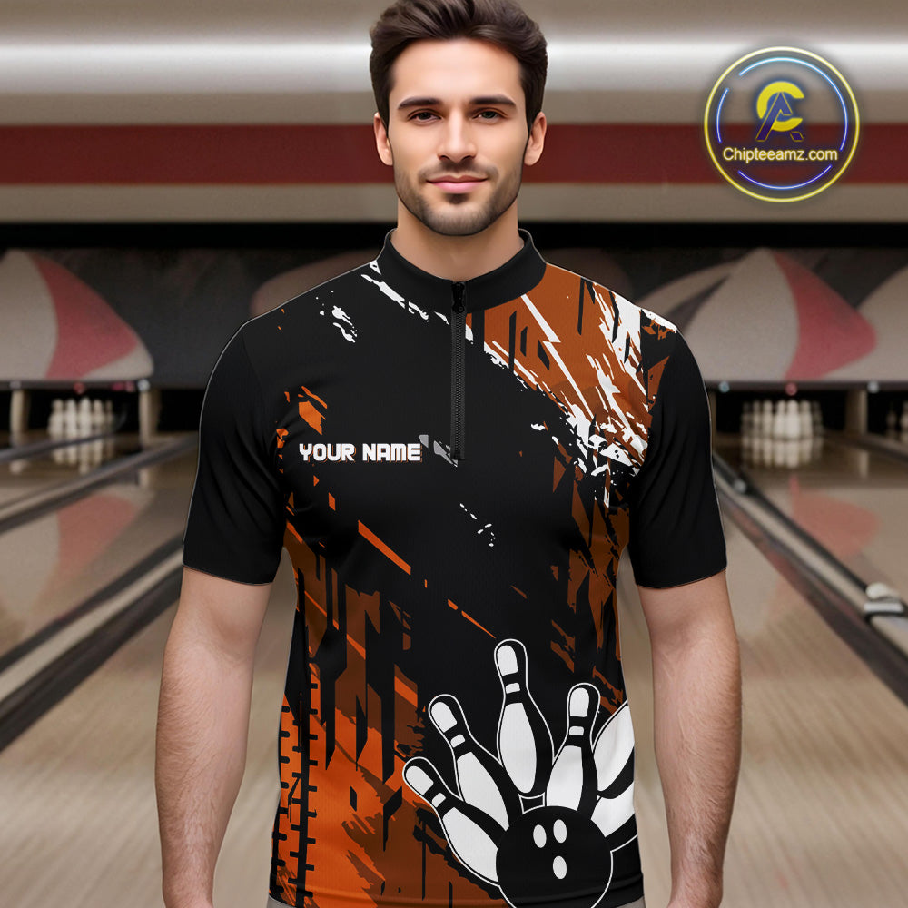 Black and Orange Mens bowling shirts Custom retro bowling ball and pins bowling team league jerseys NQS10643