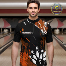 Load image into Gallery viewer, Black and Orange Mens bowling shirts Custom retro bowling ball and pins bowling team league jerseys NQS10643