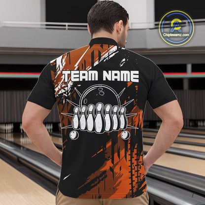 Black and Orange Mens bowling shirts Custom retro bowling ball and pins bowling team league jerseys NQS10643
