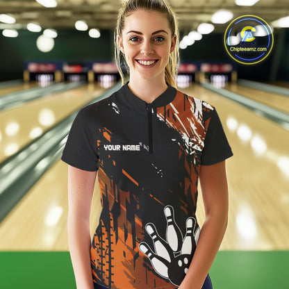 Black and Orange Women bowling shirts Custom retro bowling ball and pins bowling team league jerseys NQS10643