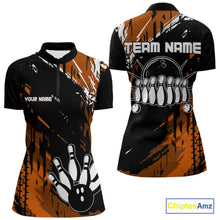 Load image into Gallery viewer, Black and Orange Women bowling shirts Custom retro bowling ball and pins bowling team league jerseys NQS10643