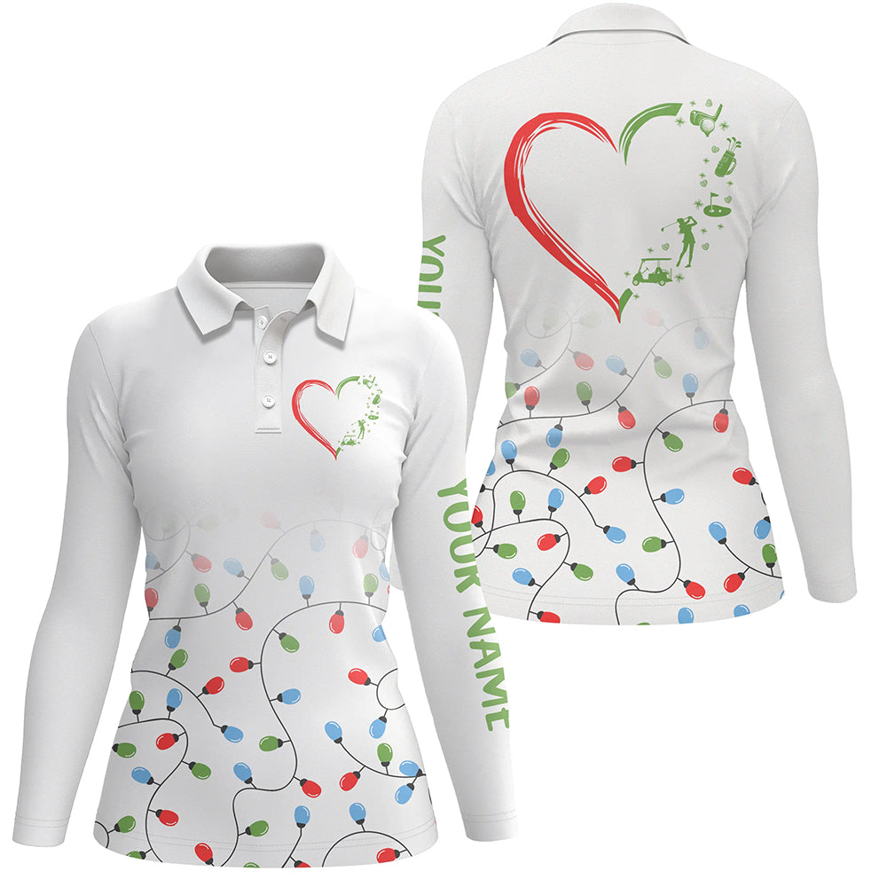 Women golf polos shirts custom name Christmas light pattern heart personalized golf shirts for Women NQS8935