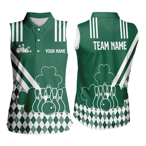 Green & White argyle shamrock St Patrick's Day Women sleeveless polo shirt Custom Bowling Team Jersey NQS9383