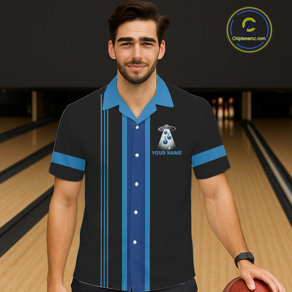 Black and Blue ufo alien Retro Bowling Hawaiian shirt Custom Bowling Team button up shirt NQS11462