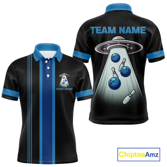 Black and Blue ufo alien Retro Bowling Polo, Quarter Zip Shirts for men Custom Bowling Team Jersey NQS11462