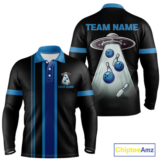 Black and Blue ufo alien Retro Bowling Polo, Quarter Zip Shirts for men Custom Bowling Team Jersey NQS11462