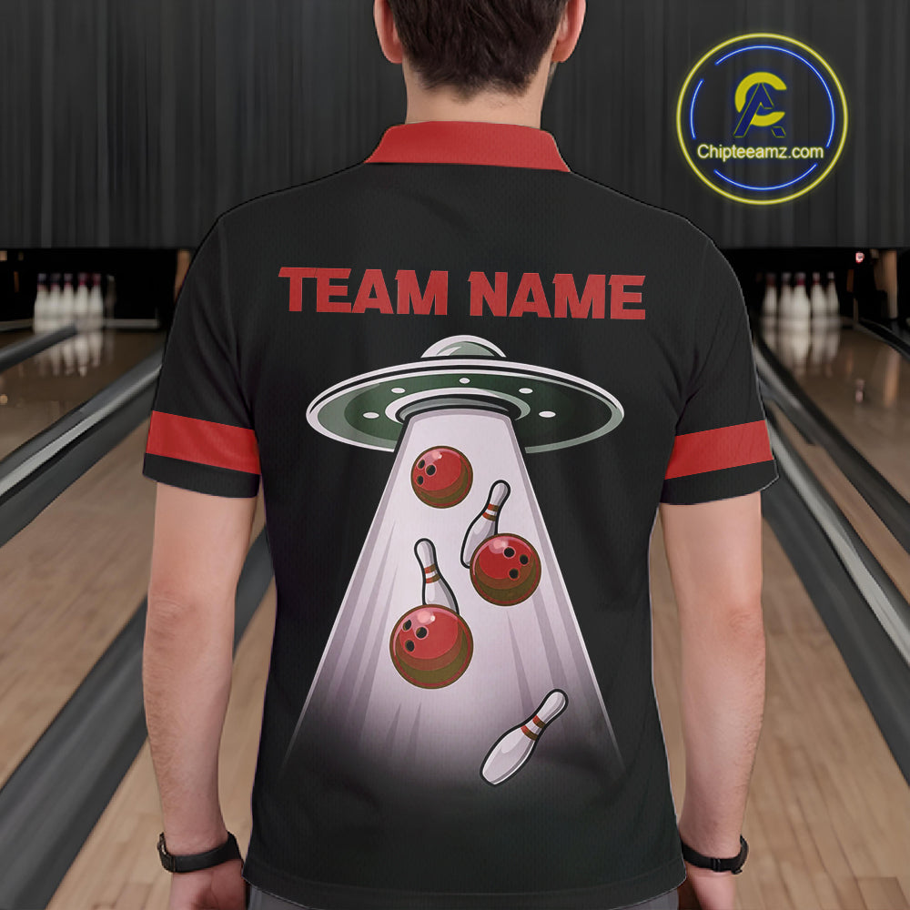 Black and Red ufo alien Retro Bowling Polo, Quarter Zip Shirts for men Custom Bowling Team Jersey NQS11463