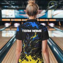 Load image into Gallery viewer, Personalized Black, Blue &amp; Yellow Bowling Shirts For Women, Bowling Balls And Pins Bowling Team Shirt NQS11465