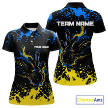 Load image into Gallery viewer, Personalized Black, Blue &amp; Yellow Bowling Shirts For Women, Bowling Balls And Pins Bowling Team Shirt NQS11465