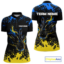 Load image into Gallery viewer, Personalized Black, Blue &amp; Yellow Bowling Shirts For Women, Bowling Balls And Pins Bowling Team Shirt NQS11465