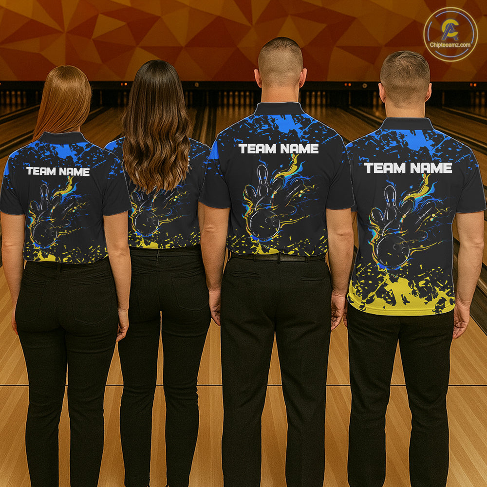 Personalized Black, Blue & Yellow Bowling Shirts For Women, Bowling Balls And Pins Bowling Team Shirt NQS11465
