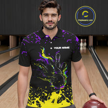 Load image into Gallery viewer, Personalized Black, Purple &amp; Yellow Bowling Shirts For Men, Bowling Balls And Pins Bowling Team Shirt NQS11466
