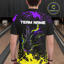 Load image into Gallery viewer, Personalized Black, Purple &amp; Yellow Bowling Shirts For Men, Bowling Balls And Pins Bowling Team Shirt NQS11466