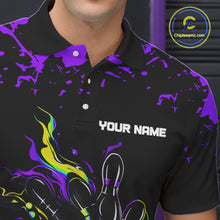 Load image into Gallery viewer, Personalized Black, Purple &amp; Yellow Bowling Shirts For Men, Bowling Balls And Pins Bowling Team Shirt NQS11466