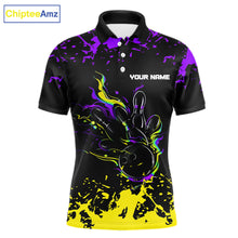 Load image into Gallery viewer, Personalized Black, Purple &amp; Yellow Bowling Shirts For Men, Bowling Balls And Pins Bowling Team Shirt NQS11466
