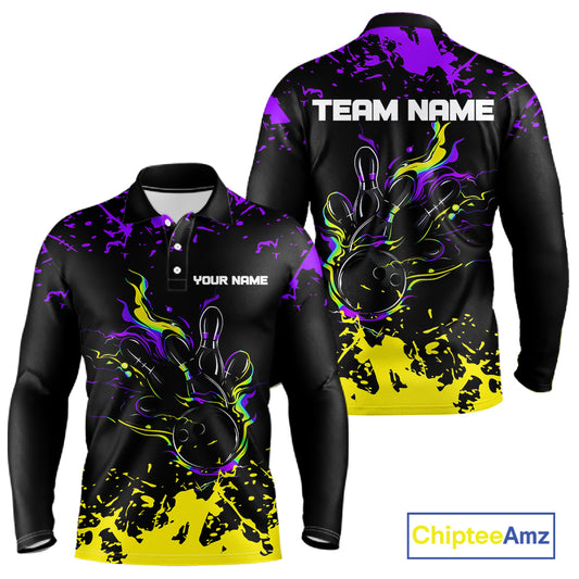 Personalized Black, Purple & Yellow Bowling Shirts For Men, Bowling Balls And Pins Bowling Team Shirt NQS11466