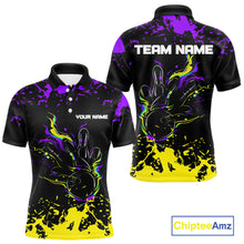 Load image into Gallery viewer, Personalized Black, Purple &amp; Yellow Bowling Shirts For Men, Bowling Balls And Pins Bowling Team Shirt NQS11466