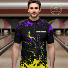 Load image into Gallery viewer, Personalized Black, Purple &amp; Yellow Bowling Shirts For Men, Bowling Balls And Pins Bowling Team Shirt NQS11466