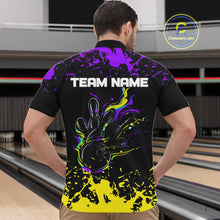 Load image into Gallery viewer, Personalized Black, Purple &amp; Yellow Bowling Shirts For Men, Bowling Balls And Pins Bowling Team Shirt NQS11466