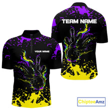 Load image into Gallery viewer, Personalized Black, Purple &amp; Yellow Bowling Shirts For Men, Bowling Balls And Pins Bowling Team Shirt NQS11466