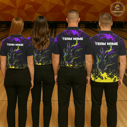 Personalized Black, Purple & Yellow Bowling Shirts For Men, Bowling Balls And Pins Bowling Team Shirt NQS11466