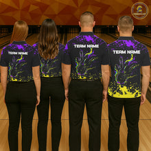 Load image into Gallery viewer, Personalized Black, Purple &amp; Yellow Bowling Shirts For Men, Bowling Balls And Pins Bowling Team Shirt NQS11466
