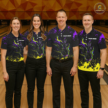 Load image into Gallery viewer, Personalized Black, Purple &amp; Yellow Bowling Shirts For Men, Bowling Balls And Pins Bowling Team Shirt NQS11466