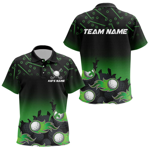 Black and Green Flame golf ball pattern Kid golf polo shirts Customize team golf attire for kid NQS9524
