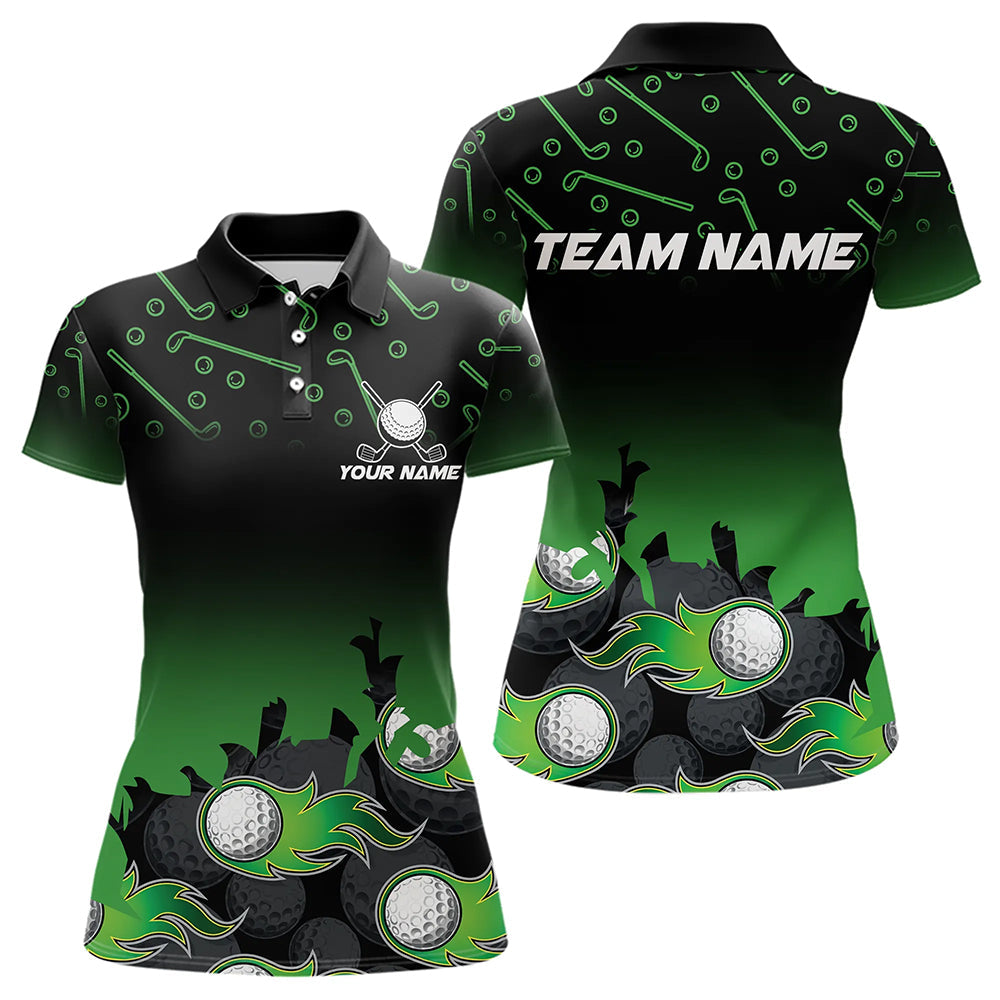Black and Green Flame golf ball pattern Women golf polo shirts Customize team golf attire for women NQS9524