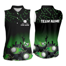 Load image into Gallery viewer, Black and Green Flame golf ball pattern Women sleeveless polo shirt Custom team golf attire for women NQS9524