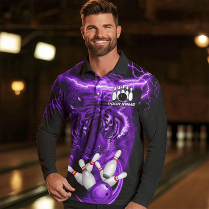 Personalized Purple Lightning Thunder Storm Tiger Bowling Shirts For Men Custom Bowling Team Jerseys NQS9684