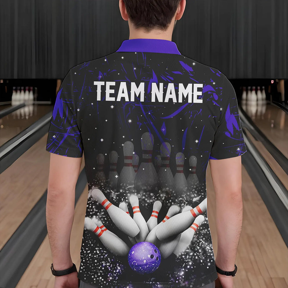 Personalized Black and Purple Camo Bowling Polo, Quarter Zip Shirts For Men Custom Bowling Team Jersey NQS9687