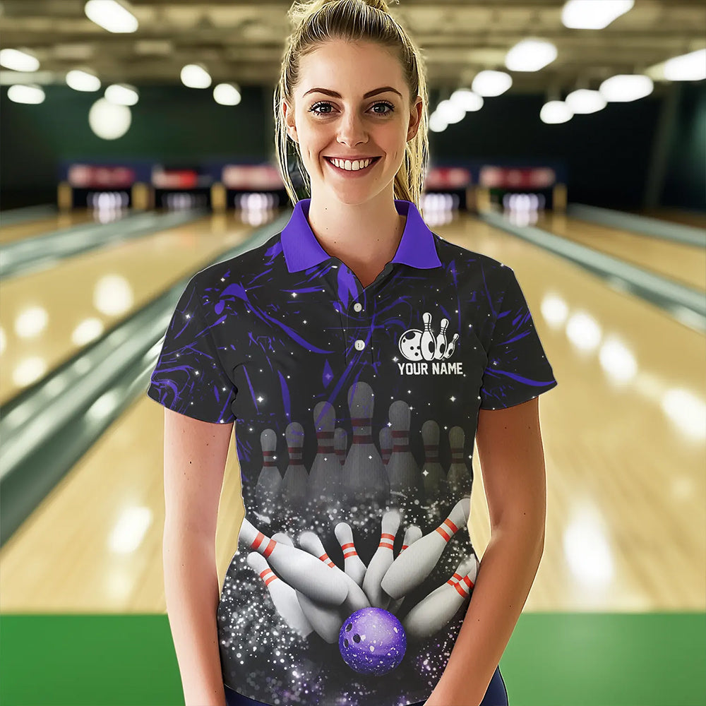 Personalized Black & Purple Camo Bowling Polo, Quarter Zip Shirt For Women Custom Bowling Team Jersey NQS9687