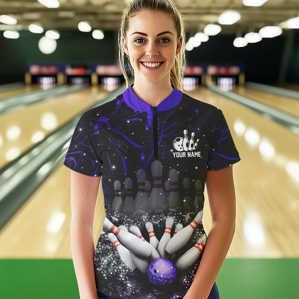 Personalized Black & Purple Camo Bowling Polo, Quarter Zip Shirt For Women Custom Bowling Team Jersey NQS9687
