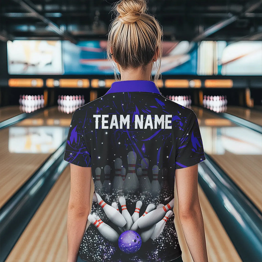Personalized Black & Purple Camo Bowling Polo, Quarter Zip Shirt For Women Custom Bowling Team Jersey NQS9687