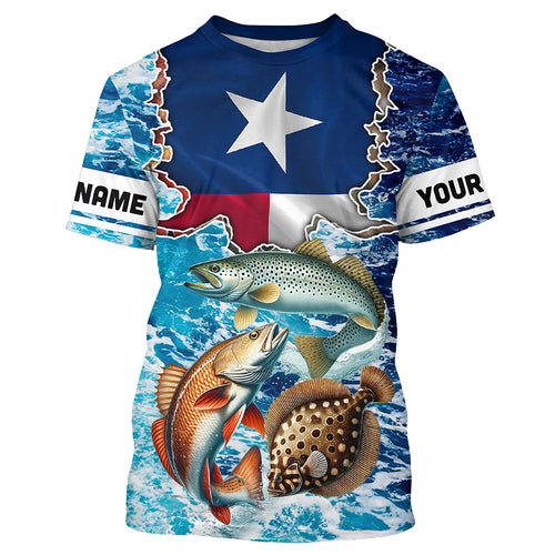 Texas Flag Redfish, trout, flounder inshore blue camo custom long sleeves performance fishing shirts NQS5464