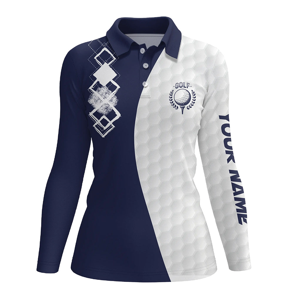 Womens golf polo shirts custom white golf ball skin golf apparel for ladies, golfing gifts | Navy NQS7631
