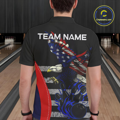 Eagle American Flag Custom Flame Bowling Team Shirts For Men, Patriotic Bowling Uniform NQS9971