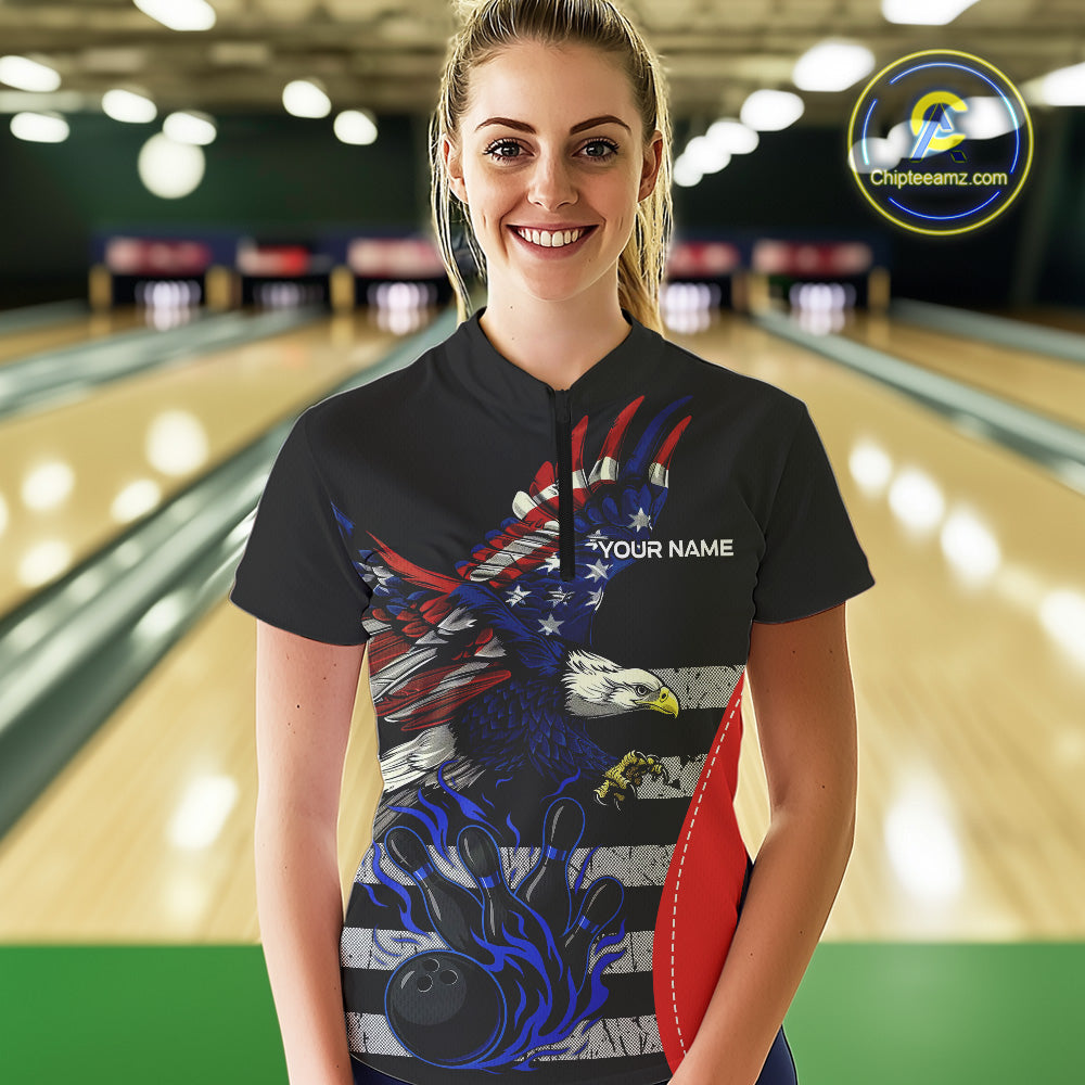 Eagle American Flag Custom Flame Bowling Team Shirts For Women, Patriotic Bowling Uniform NQS9971