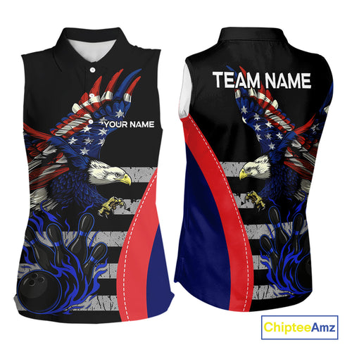 Eagle American Flag Custom Flame Bowling sleeveless polos Team Shirts, Patriotic Bowling Uniform NQS9971