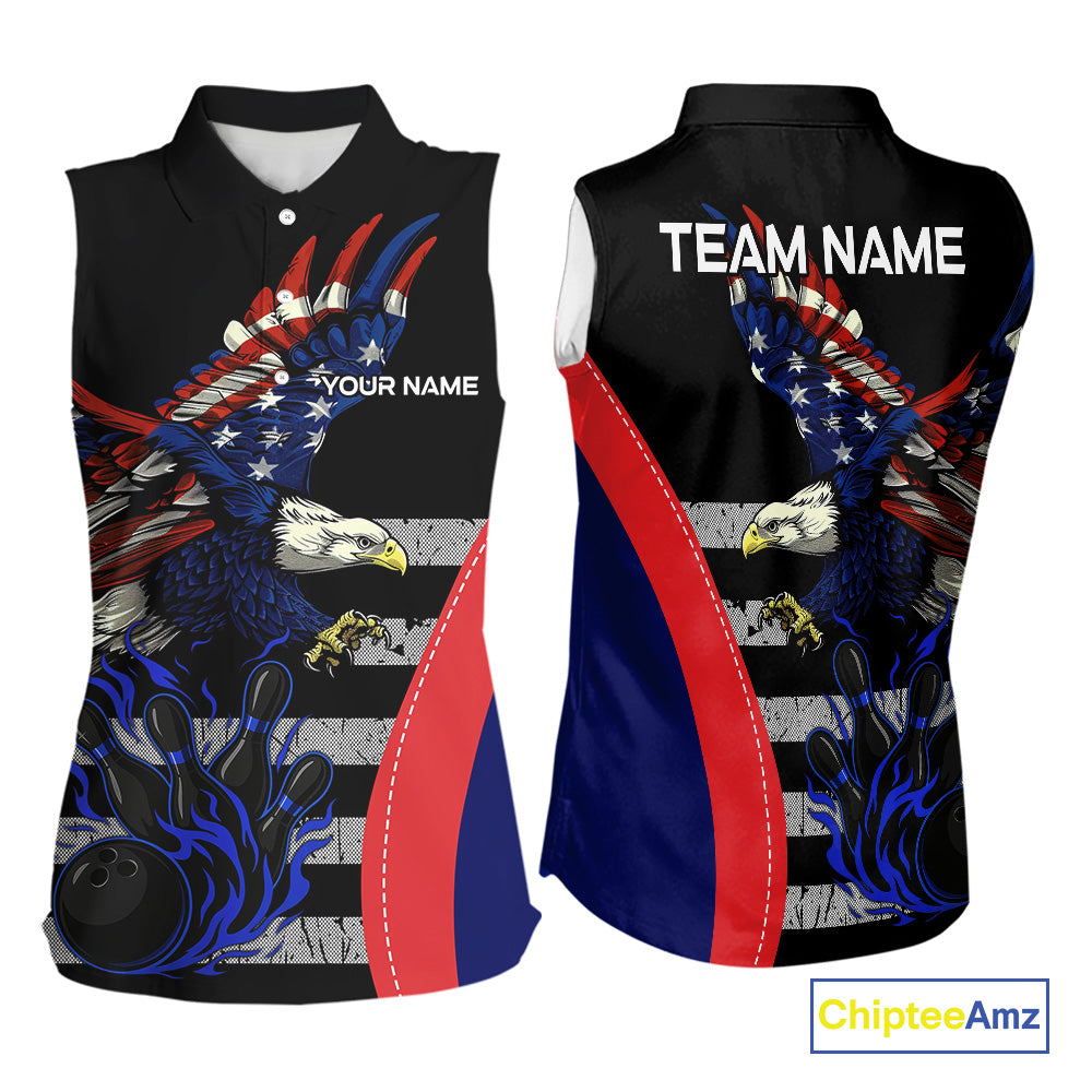 Eagle American Flag Custom Flame Bowling sleeveless polos Team Shirts, Patriotic Bowling Uniform NQS9971