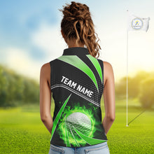 Load image into Gallery viewer, Black and Green Fire golf ball custom Women sleeveless polo shirt, personalized golf outfits for team NQS10123