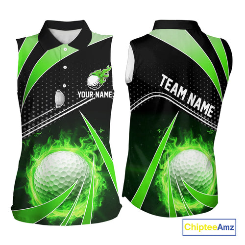 Black and Green Fire golf ball custom Women sleeveless polo shirt, personalized golf outfits for team NQS10123