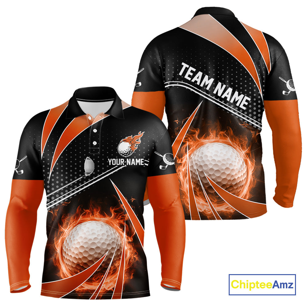 Black and Orange Fire golf ball custom Men golf polo shirts, personalized golf outfits for team men NQS10124