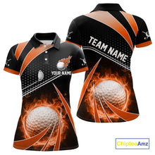 Load image into Gallery viewer, Black &amp; Orange Fire golf ball custom Women golf polo shirt, personalized ladies golf outfit for team NQS10124