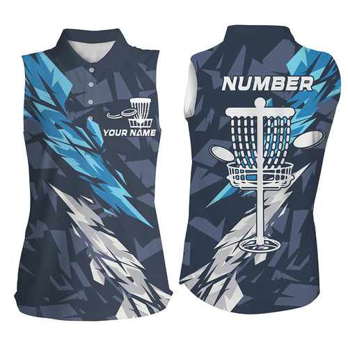 Blue camo Disc golf basket custom team disc golf sleeveless polo shirt for women, disc golf attire NQS8059