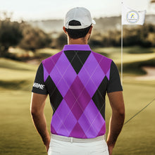 Load image into Gallery viewer, Mens golf polos shirts custom purple and black golf argyle plaid pattern, personalized golf gifts NQS10653